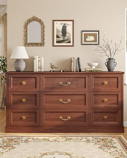 AOGLLATI Farmhouse 9 Drawers Dresser for Bedroom, 63" Wide Wood Rustic Chest of Drawers with Natural Texture, Vintage Design, Long Wide Storage Dresser for Bedroom, Oak Brown