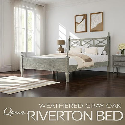 Queen Size Platform Bed Frame with Solid Wood Headboard & Footboard, Metal Legs, 12 Durable Slatted Base, No Box Spring Needed, Easy Assembly, Noise-Free & Anti-Slip, Weathered Gray Oak Finish, RIQ-34