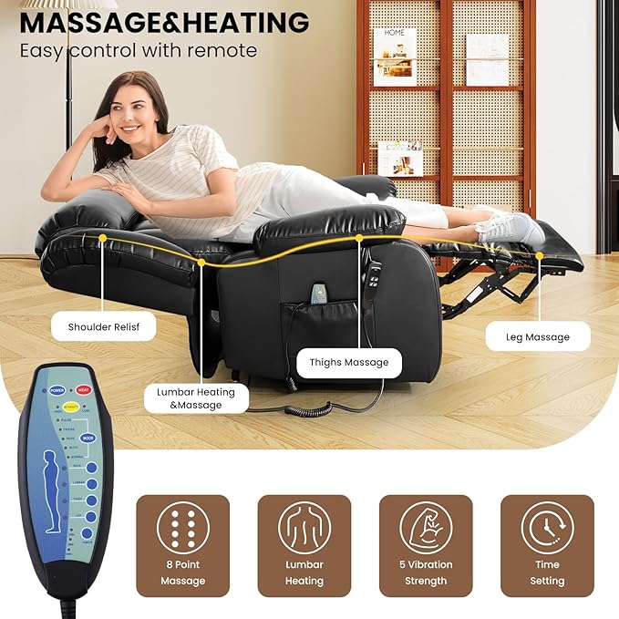 TEKAMON Power Lift Recliner Chair for Elderly with Heat & Massage, Dual Motor Genuine Leather Recliner, Lay Flat Sleeping Chairs with Infinite Position, RemoteControl(Black, Extended)