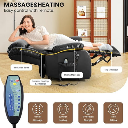 TEKAMON Power Lift Recliner Chair for Elderly with Heat & Massage, Dual Motor Genuine Leather Recliner, Lay Flat Sleeping Chairs with Infinite Position, RemoteControl(Black, Extended)