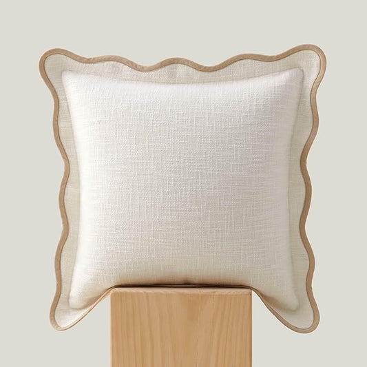 Double Stitch Scalloped Throw Pillow Covers - 100% Cotton Decorative Boho Pillow Covers 18 x 18, Made in India, Square Cushion Case, Modern Home Decor for Couch Sofa Living Room, Cream