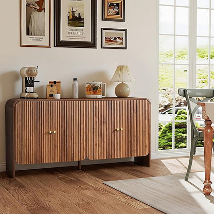 59” Large Buffets Sideboard Cabinet with Storage, Fluted Curved Credenza Buffet Table Storage Cabinet with 4 Doors, Modern Wood Accent Console Table Coffee Bar for Living Room Kitchen Hallway, Walnut