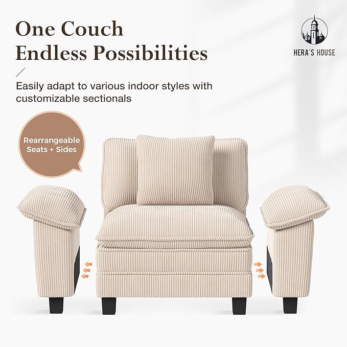 HERA'S HOUSE 124" Modular Sectional Sofa, Oversized U Shaped Couches for Living Room, Comfy Cloud Couch with Ottoman, 5-Seater Deep Seat Sofa with Throw Pillow, Corduroy Beige