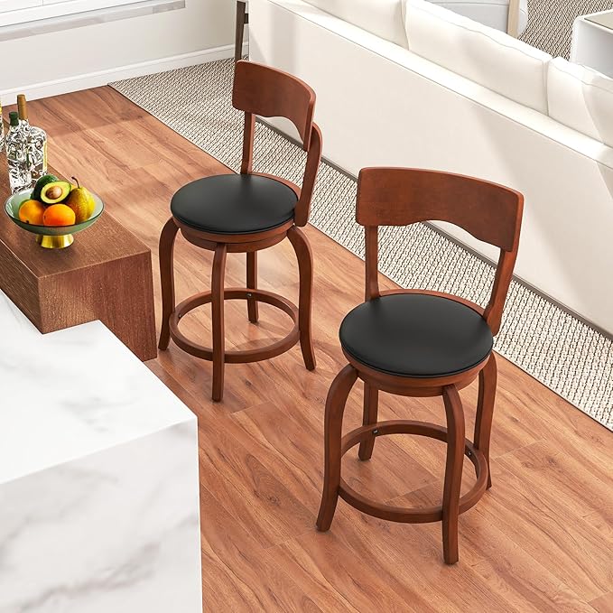COSTWAY Bar Stools Set of 2, 24 Inch Swivel Counter Height Chairs with Rubber Wood Frame, Upholstered Seat, High Back Barstools for Kitchen Island, Home Bar, Pub, Brown (2, Seat Height: 24”)