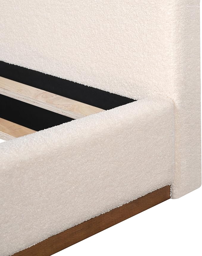 Christopher Knight Home Bettine Boucle Queen Size Bed, Boucle Headboard and Footboard, Rectangular Queen Size Headboard, Slat Panel Support Platform Bed, No Spring Box Needed, Easy Assembly, White