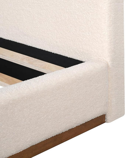 Christopher Knight Home Bettine Boucle Queen Size Bed, Boucle Headboard and Footboard, Rectangular Queen Size Headboard, Slat Panel Support Platform Bed, No Spring Box Needed, Easy Assembly, White