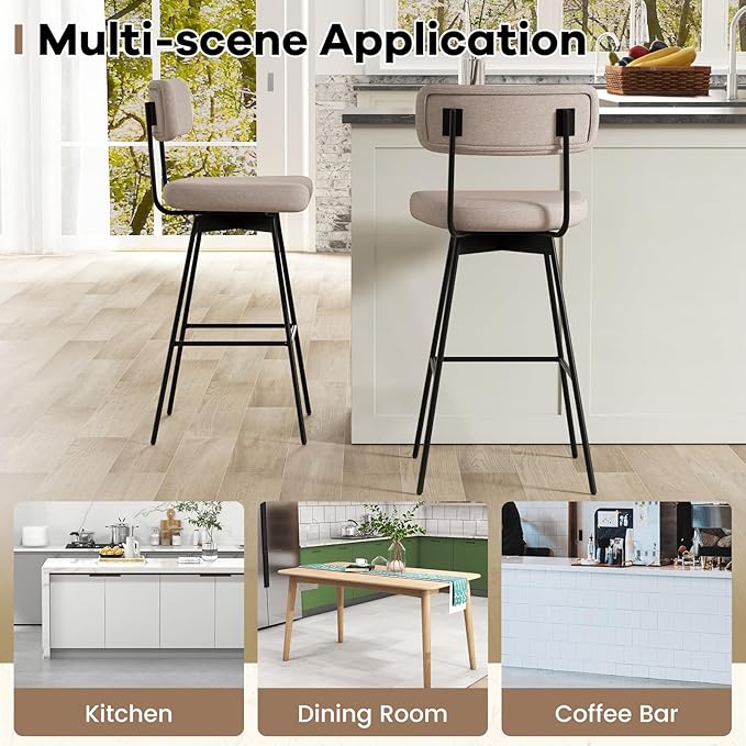COSTWAY Bar Stools Set of 4, 29” Upholstered Bar Height Chairs with Back, 360° Swivel Bar Chairs with Heavy-Duty Metal Legs and Footrests, Fabric Seat for Kitchen Island, Dining Room, Bar (4, Beige)