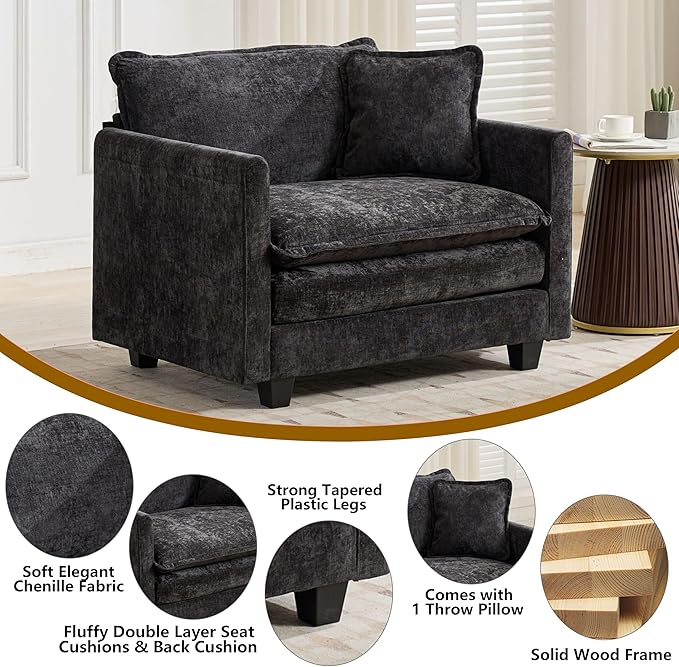Aoowow Chenille Upholstered Accent Chair Oversized,Fluffy Single Cloud Sofa Chairs with Deep Seat,Modern Large Reading Arm Chair with Throw Pillow for Living Room,Bedroom (Black, Single Sofa Chair)