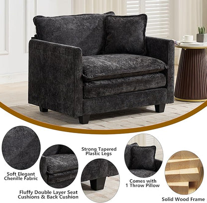 Aoowow Chenille Upholstered Accent Chair Oversized,Fluffy Single Cloud Sofa Chairs with Deep Seat,Modern Large Reading Arm Chair with Throw Pillow for Living Room,Bedroom (Black, Single Sofa Chair)