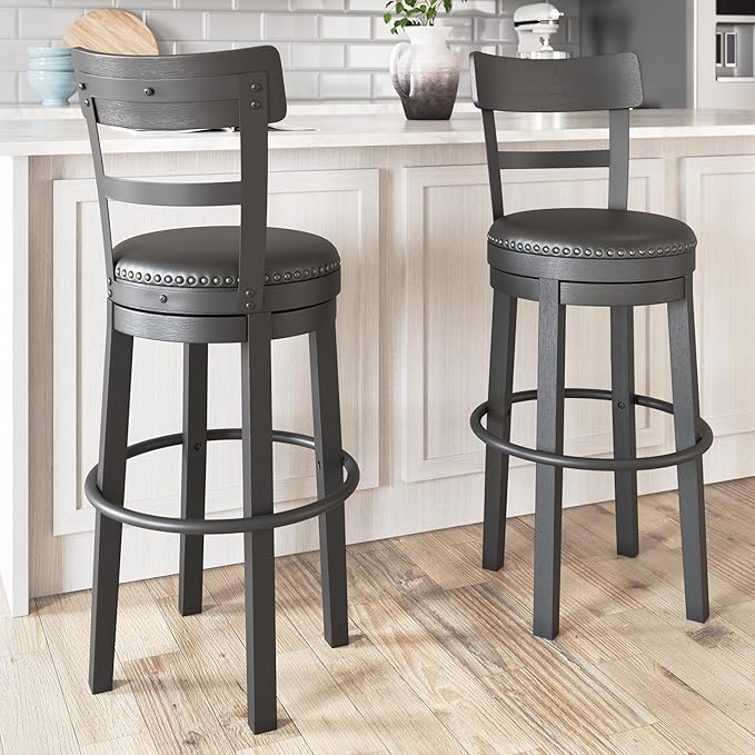 Signature Design by Ashley Valebeck Tall Upholstered Swivel Bar Stool with 360-Degree Swivel and Nailhead Trim, Faux Leather, 30" Seat Height, Black Finish