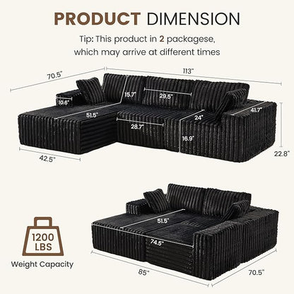 Apicizon 113" Modular Sectional Couch for Living Room, L Shaped Sectional Sofa Couch with Deep Seat, Boneless Sleeper Sofa with Chaise Longue for Apartment，No Assembly Required (Plush Corduroy Black)