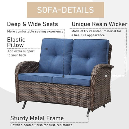 HUMMUH 5-Piece Patio Furniture Set with Fire Pit,Wicker Patio Glider Loveseat Outdoor Swivel Rocker Chairs for Backyard,Poolside,Deck