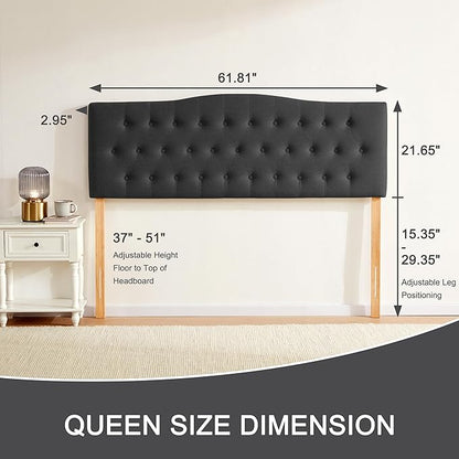 Tufted Upholstered Headboard Queen Size, Sturdy and Durable Solid Wood Bed headboard, Fabric Headboard Adjustable Height from 37” to 51”, Modern Button Diamond Design Head Board, Black