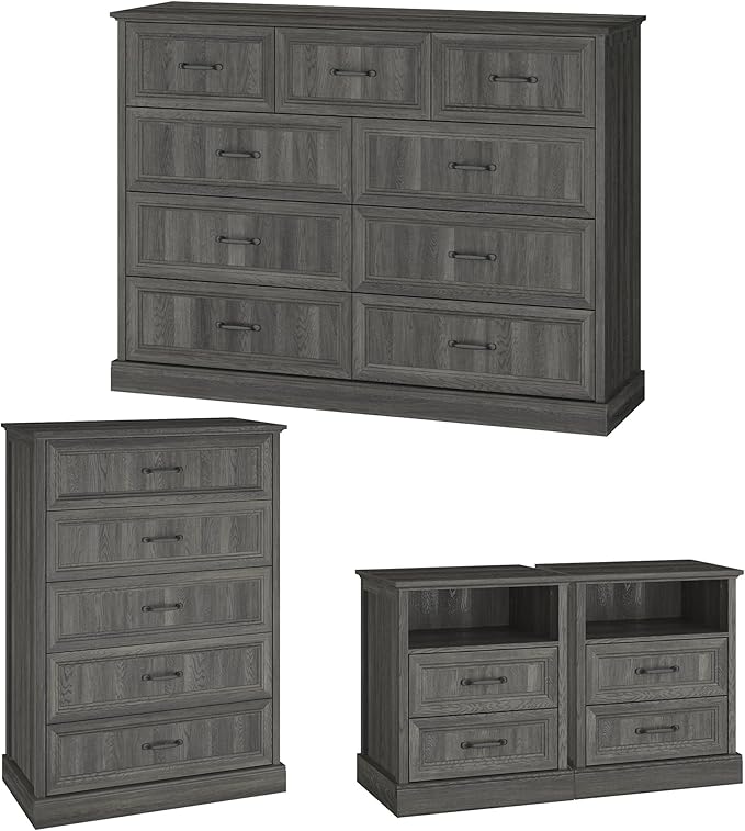 Farmhouse Dresser and Nightstand Sets, 4Pcs Bedroom Furniture Set, Nightstand Set of 2 & 55" Wide 9 Drawer and 44" Tall 5 Drawer Dresser with Large Drawers & Bar Handles, Grey