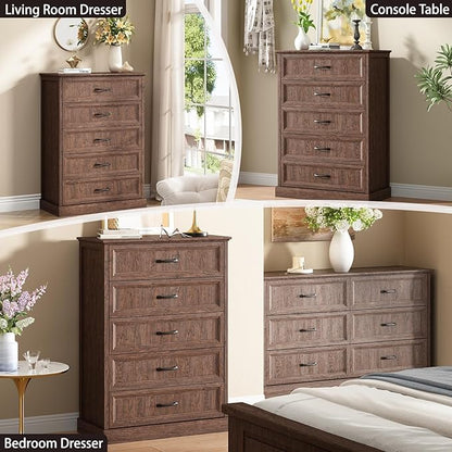 CARPETNAL Farmhouse 5 Drawers Dresser for Bedroom, 44" Tall Brown Dresser Wood Rustic Chest of Drawers with Wide Metal Handle,Natural Texture,Drawer Organizer for Bedroom,Living Room,Hallway