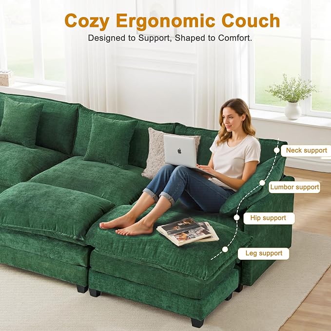 U-Shaped Cloud Chenille Sectional with 2 Ottomans, 146" Modular Sofa for Large Spaces, Ultimate Comfort with Deep Seats & Pillows, Solid Frame, 1YR Warranty