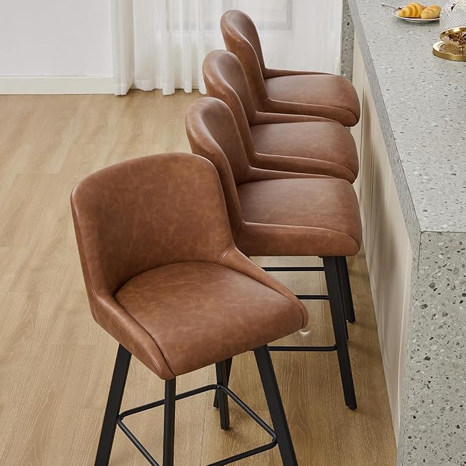 Swivel Bar Stools Set of 3, 30''H Upholstered Barstools with Backs, Modern Counter Height Bar Stool Chairs for Kitchen Island, Metal Legs, Faux Leather, Brown Counter Stools