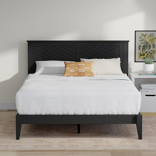 Serene Farmhouse Style Wood Bed in Full Size with Horizontal Scoring Headboard, Coastal Modern Design, Sturdy, Easy Assembly, Ample Underbed Storage, Black