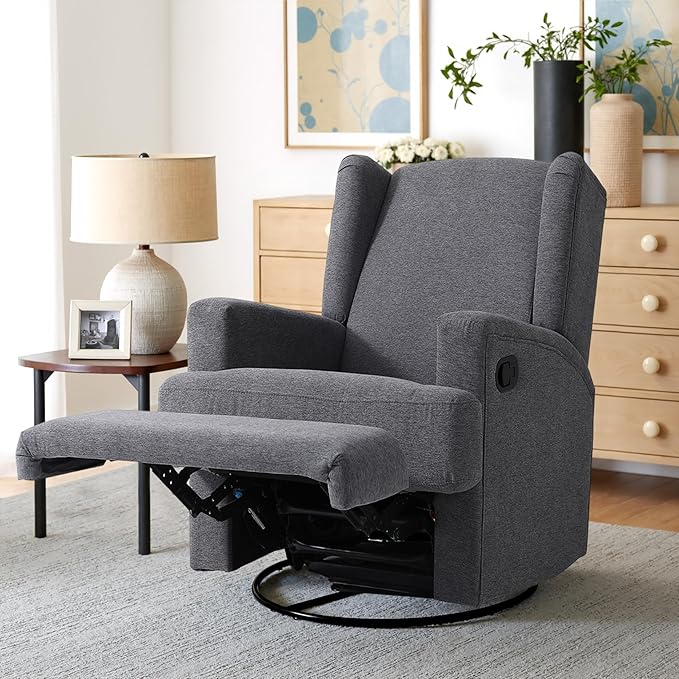 Swivel Glider Recliner Chair for Adults with Deep Seat - High Back Rocker Reclining Accent Chair, Manual Recliner for Living Room & Nursery, Comfortable Upholstered Fabric Armchair-Gray