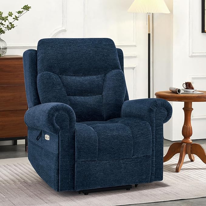 MCombo Triple Motor Power Lift Recliner Chair with Massage and Lumbar&seat Heating, Rolled Arms, Adjustable Headrest for Elderly People, Fabric 7888 (Navy Blue, Medium)