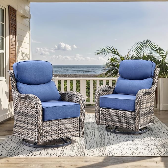 HUMMUH Wicker Patio Furniture Set with Patio Swivel Chairs Set of 4 and 50,000 BTU Fire Pit Table,6 Inch Thick Cushions High Back Outdoor Swivel Rocker Chairs Set for Porch, Balcony, Deck