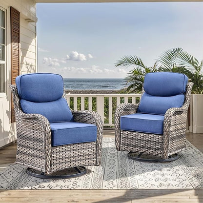 HUMMUH Wicker Patio Furniture Set with Patio Swivel Chairs Set of 4 and 50,000 BTU Fire Pit Table,6 Inch Thick Cushions High Back Outdoor Swivel Rocker Chairs Set for Porch, Balcony, Deck