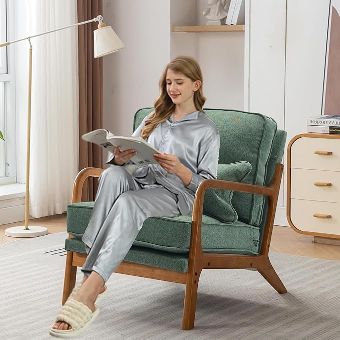 Mid-Century Accent Chair Set of 2,Linen Fabric Lounge Chair with Wide Armrest,Linen Fabric Armchair withLumbar Pillow & Solid Wood Frame for Living Room, Bedroom, Balcony(Green)