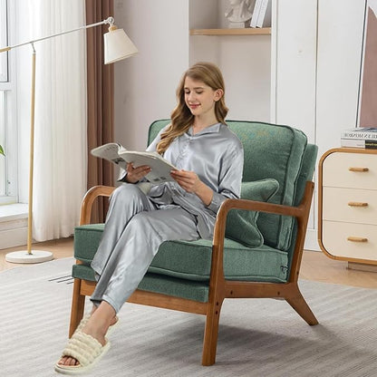 Mid-Century Accent Chair Set of 2,Linen Fabric Lounge Chair with Wide Armrest,Linen Fabric Armchair withLumbar Pillow & Solid Wood Frame for Living Room, Bedroom, Balcony(Green)