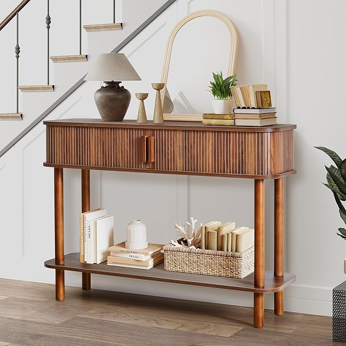 RARZOE Console Table with Storage, Fluted Entryway Table with Sliding Door&Open Shelf, Sofa Table Behind Couch, Mid-Century Modern Accent Table for Hallway, Entrance, Foyer, Fully Assembled(Walnut)