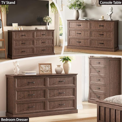 Farmhouse 6 Drawer Dresser for Bedroom, 55 Inch Wide Modern Brown Dresser TV Stand with Large Drawers & Bar Handles, Rustic Wood Chest of Drawers for Bedroom, Living Room, Hallway