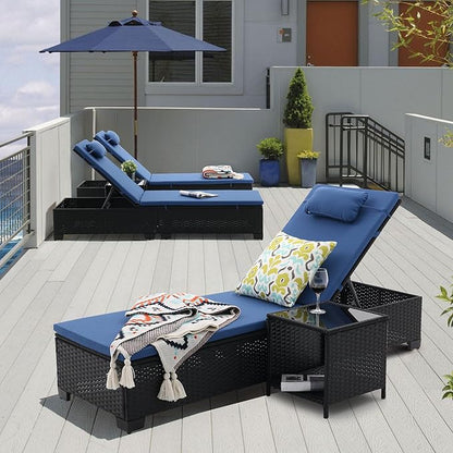 3 PCS Patio Chaise Lounge with Coffee Table Cushion&Pillow Outdoor Lounge Chair Chaise Lounger Patio Reclining Chair 5 Angle Adjustment Black PE Rattan for Courtyards Poolside (Navy)