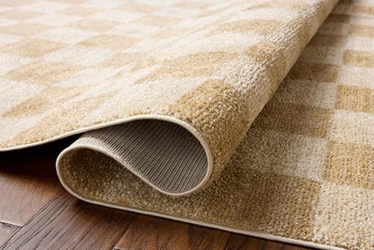 Loloi Chris Loves Julia Calvin Collection CLV-01 Wheat/Ivory 2'-7" x 7'-6" Runner Rug Checkered Neutral Soft Living Room Bedroom Carpet