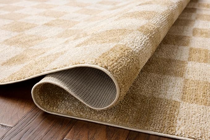 Loloi Chris Loves Julia Calvin Collection CLV-01 Wheat/Ivory 5'-3" x 5'-3" Round Area Rug Checkered Neutral Soft Living Room Bedroom Carpet