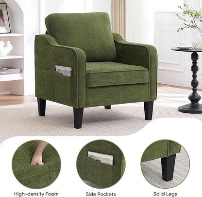 Accent Chair for Living Room, Mid Century Modern Reading Chair for Bedroom, Upholstered Armchair with Side Pockets, Comfy Single Sofa Side Chair for Office, Apartment, Small Room, Olive Green