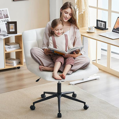 Furnimart Criss Cross Desk Char Wide Seat with Wheels, 360° Swivel Cross Legged Desk Chair Thick Cushion, Comfy Armless Home Office Chair for Bedroom, Vanity, Sturdy (Faux Leather White)