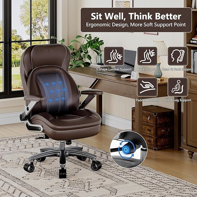 Big and Tall Office Chair, 600lbs Heavy Duty Desk Chair with 5D Arms, Adjustable Lumbar Support & Height, Tilt Function, PU Leather High Back Ergonomic Executive Computer Chair with 3'' Silent Casters