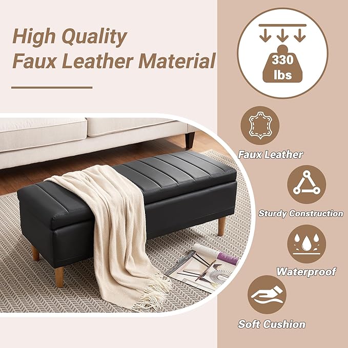 VECELO 44.5" Black Ottoman with Storage, Faux Leather Storage Ottoman Bench with Safety Hinge & Solid Wood Legs, Large Bench for Living Room, Entryway, Holds up to 330 lb