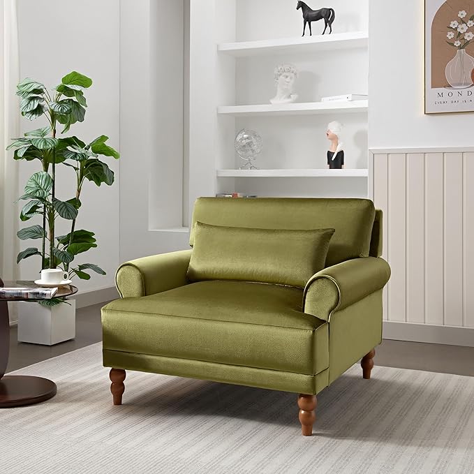 Merax Accent Chair with Circular Armrests, Upholstered Armchair Single Sofa with Vintage Roman Column Legs for Living Room, Bedroom, Study, Ergonomic Lumbar, Velvet, Green