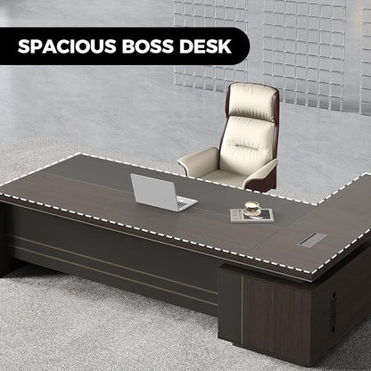 Reversible L Shaped Executive Desk with Lockable Drawers, Power Box & Cable Management, Dual-Tone Modern Wood Office Desk with Storage Cabinets & Privacy Panel for Home Office