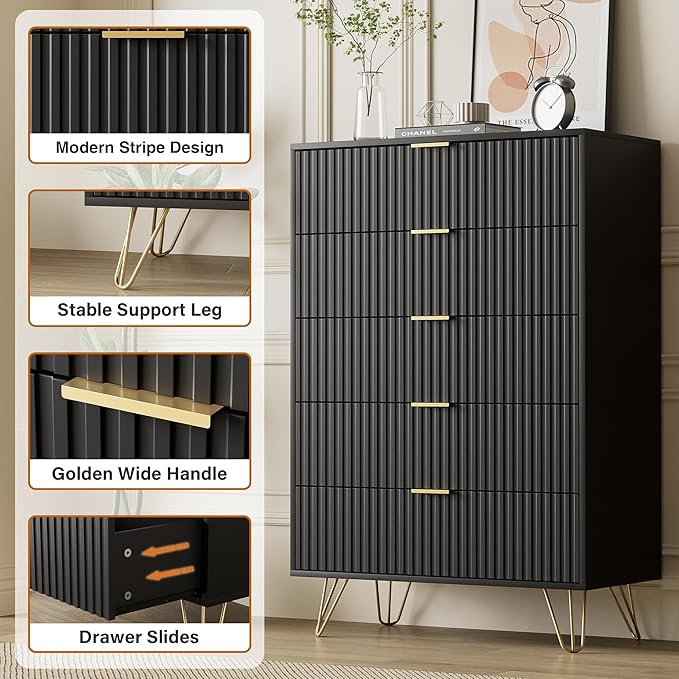 Black Dresser for Bedroom, Fluted Modern Dresser with Gold Pulls and 5 Drawers, 15.7" D x 31.5" W x 47.2" H