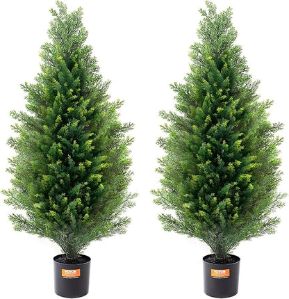 VEVOR Artificial Topiary Cedar Tree, 36 inch Tall (2 Pieces), with Extra Leaves & Pot Faux Evergreen Fake Pine Cypress Trees Plant, UV Rated Artificial Greenery Set for Home Decor Indoor/Outdoor