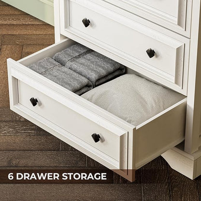 Farmhouse 6 Drawer Dresser, 48" Tall White Dresser with Natural Texture & Metal Handles, Storage Drawer Chest for Bedroom, Living Room, Hallway, Vintage Design (Antique White)