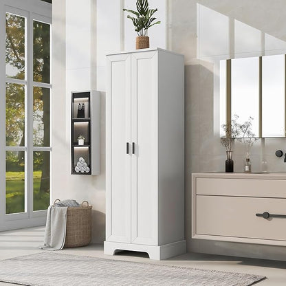 Tall Storage Cabinet, Bathroom Floor Freestanding Storage Cabinet with 2 Doors, 5 Shelves, and Adjustable Shelves for Bathroom, Office, Living Room, White
