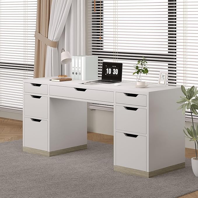 White Desk with 7 Drawers, 54 Inch Executive Desk with Drawers for Bedroom, Home Office Desk with Cabinet for Work Writing Study, Small Spaces