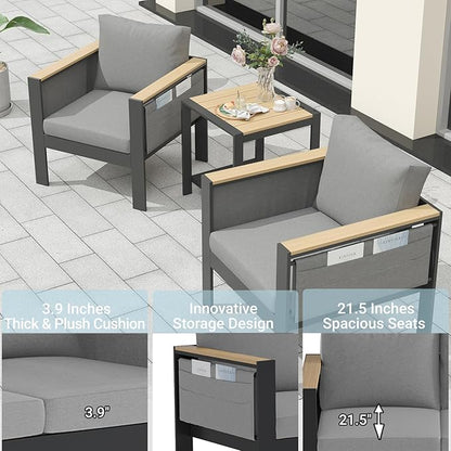 Corinth 3-Piece Aluminum Patio Conversation Set - Outdoor, Porch, Balcony, Yard, Gardern, All Weather, 2 Comfortable Sofa and 1 Coffee Table, Grey