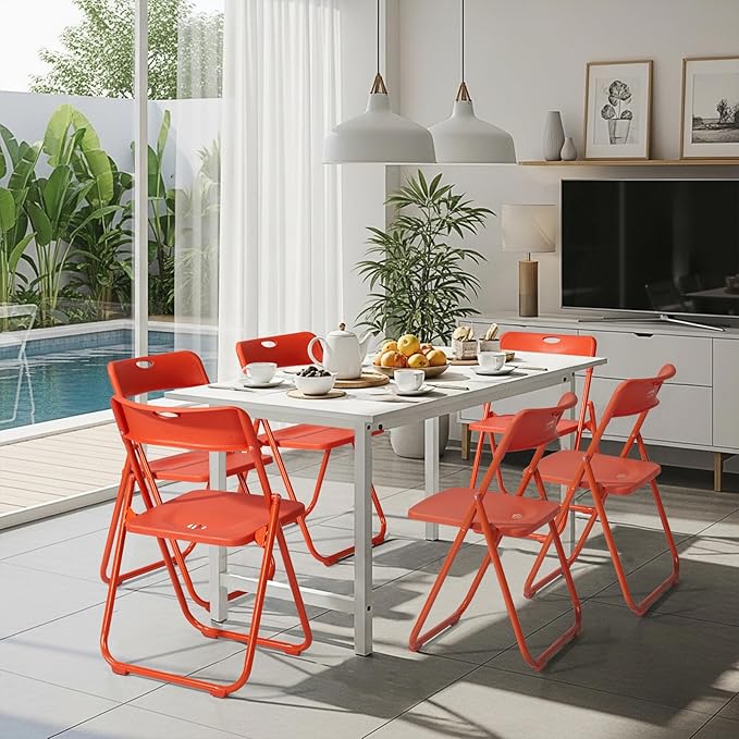 Karl home 6 Pcs Folding Chair, 300LBS Lightweight Foldable Plastic Chair, Reinforced Metal Frame Easy to Fold & Store for Indoor & Outdoor, Wedding, Party, Meeting Room, Patio and Garden, Orange