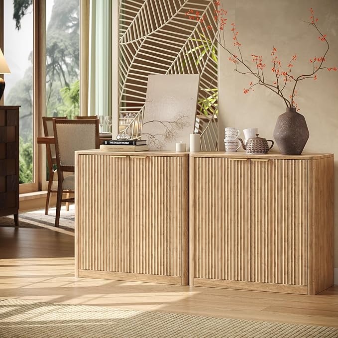 Evermagin 63" Oak Buffet Cabinet with Storage, Large Sideboard Cabinet, Boho Accent Credenza, Fluted Console Table with Doors for Dining Room, Kitchen, and Living Room