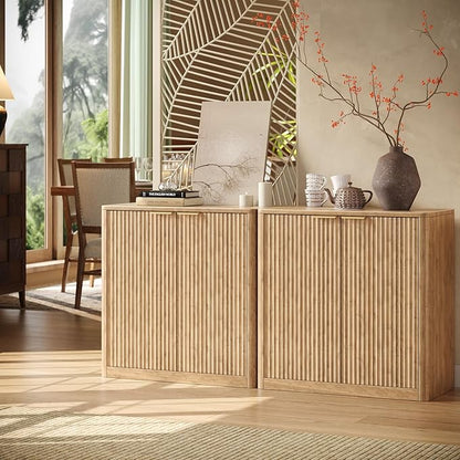 Evermagin 63" Oak Buffet Cabinet with Storage, Large Sideboard Cabinet, Boho Accent Credenza, Fluted Console Table with Doors for Dining Room, Kitchen, and Living Room