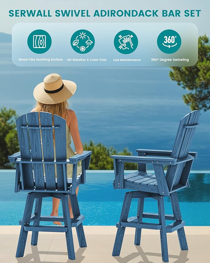 SERWALL 5-Piece Swivel Adirondack Bar Set, HDPE Swivel Bar Height Chairs Set of 4 with Bar Table, All-Weather Outdoor Barstools for Patio, Poolside, Garden, Blue