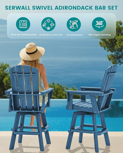 SERWALL 3-Piece Swivel Adirondack Bar Set, HDPE Swivel Bar Height Chairs Set of 2 with Bar Table, All-Weather Outdoor Barstools for Patio, Poolside, Garden, Blue